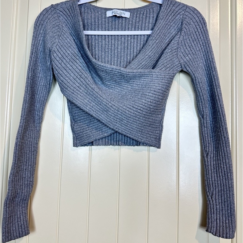 Crossover Front Cropped Long Sleeve Sweater gray club 90s Y2K sz L viscose